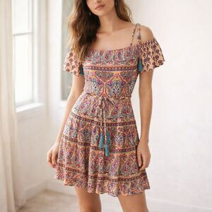 PATRONS OF PEACE Women’s XS Boho Paisley Off Shoulder Multicolor Mini Dress